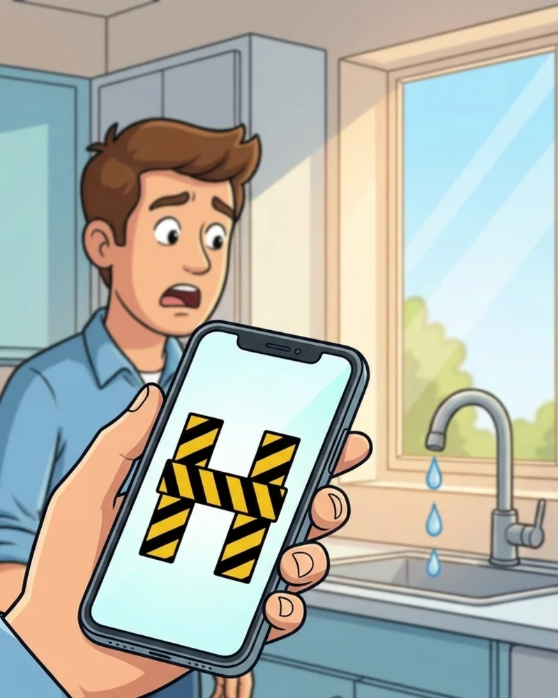 Persona mostrando el logo H de Hacelo Ya en el celular, con una canilla goteando de fondo