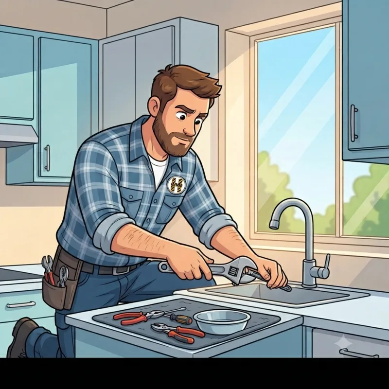 Plomero profesional arreglando una canilla en una cocina